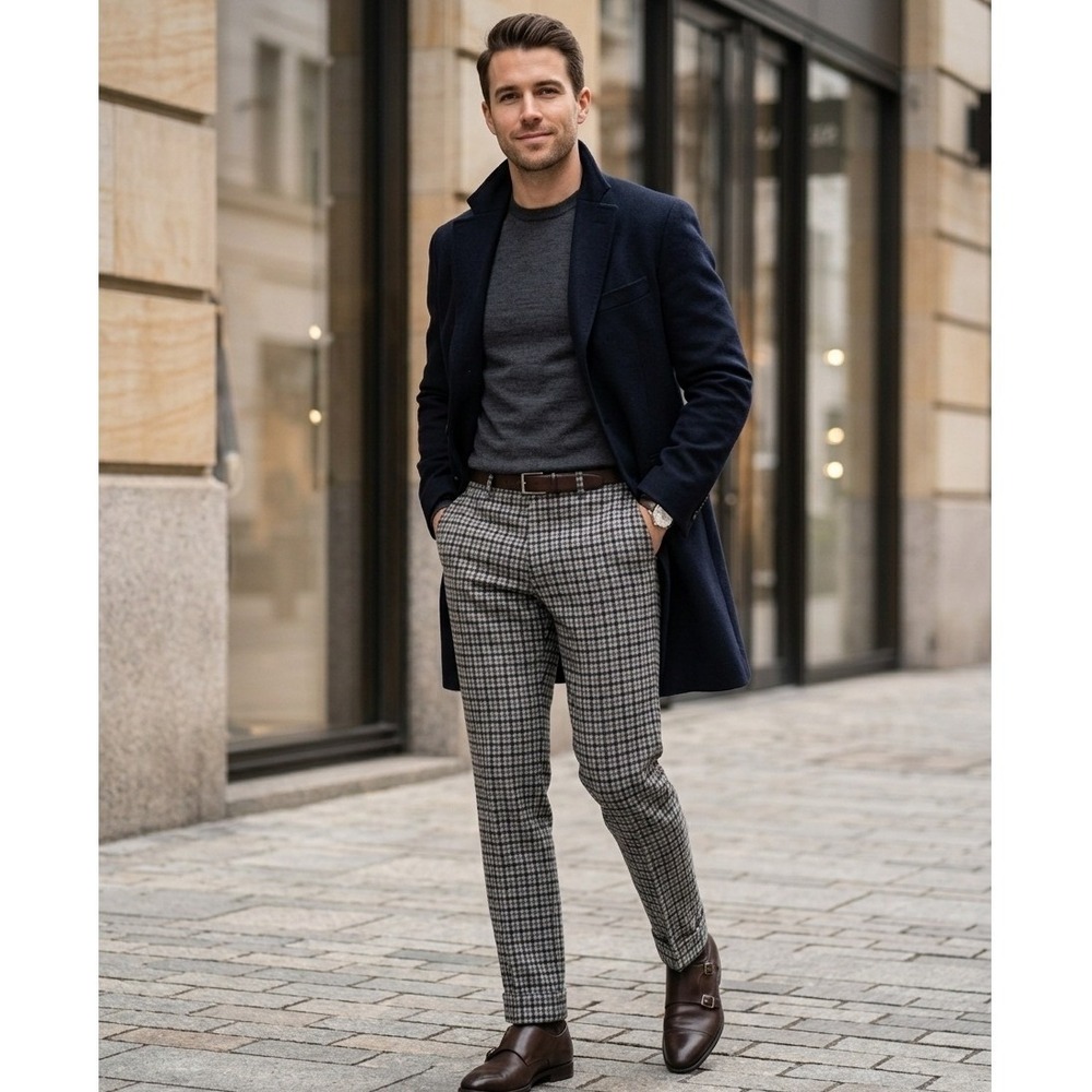Suitsupply Brescia Trousers Mens 34 x 30 Grey Navy Blue Check Wool Blend Cuffed